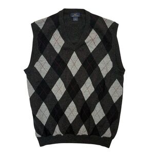 Brooks Brothers Vest Mens Large Gray Merino Wool Argyle Preppy V-Neck Sweater